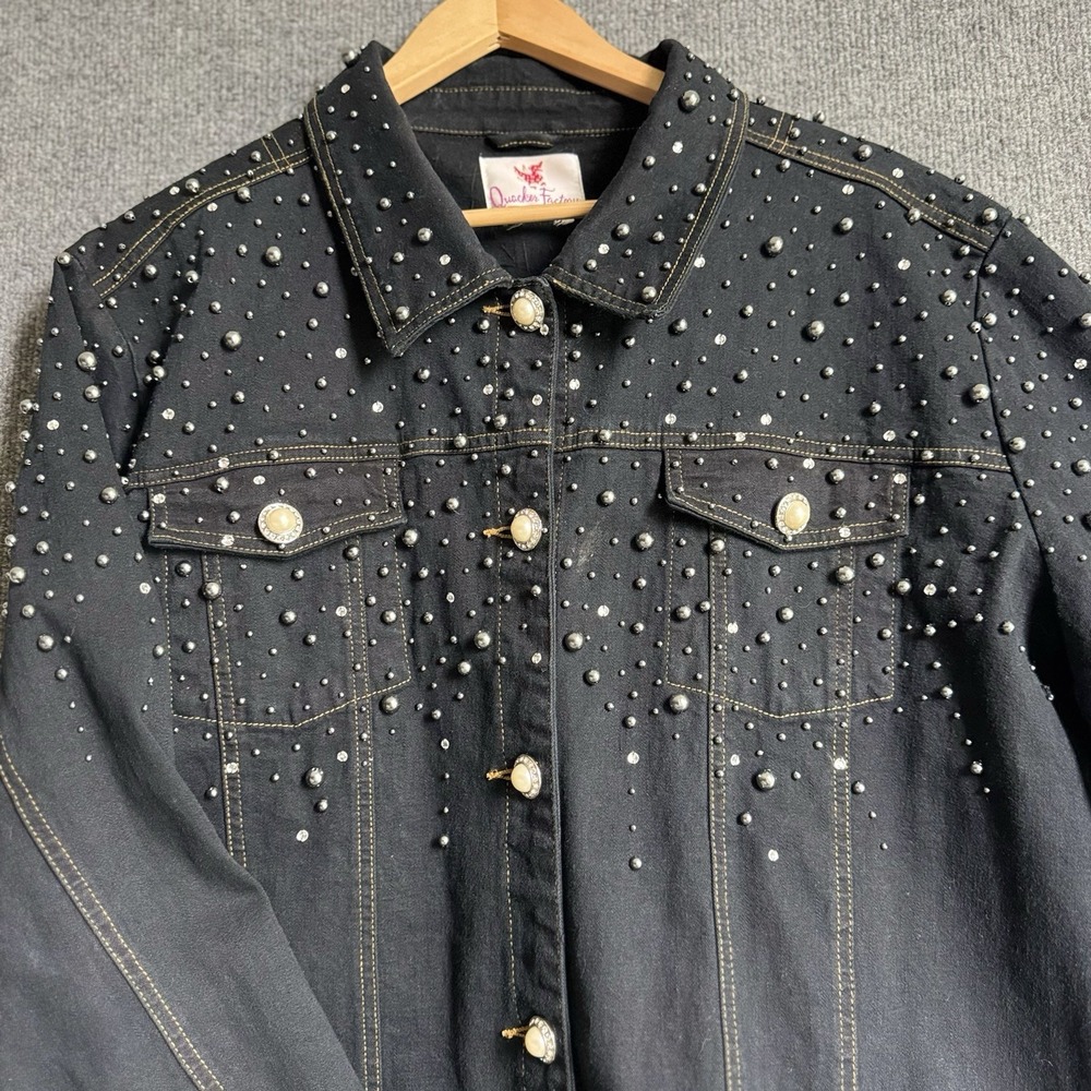 Quacker Factory 2X Black Denim Jacket Rhinestone Studded Y2K McBling Western
